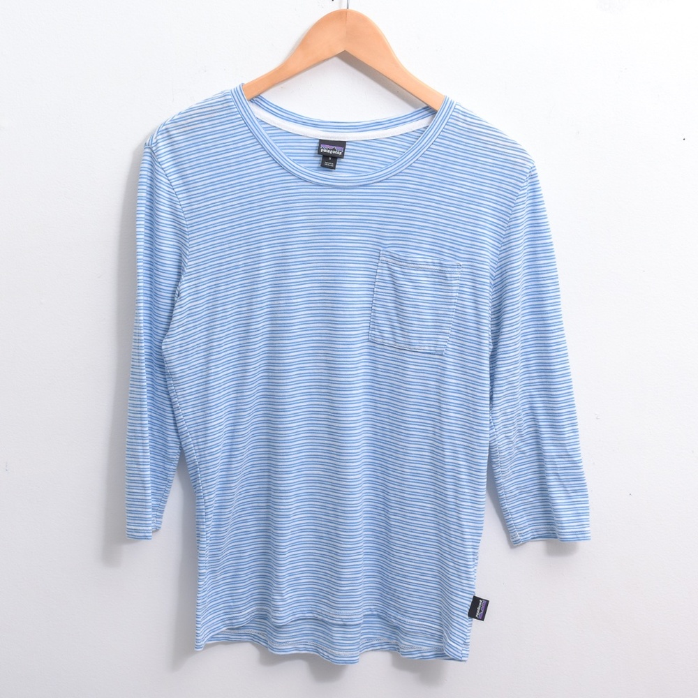 Patagonia Striped 3/4 Length Sleeves Scooped Top Small Organic Cotton Blend